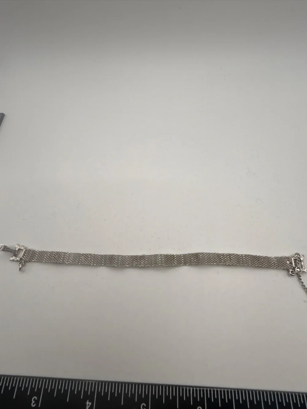 Goldette NY Charm Silver Tone Mesh Bracelet Vintage MCM Clear White & Red Stones